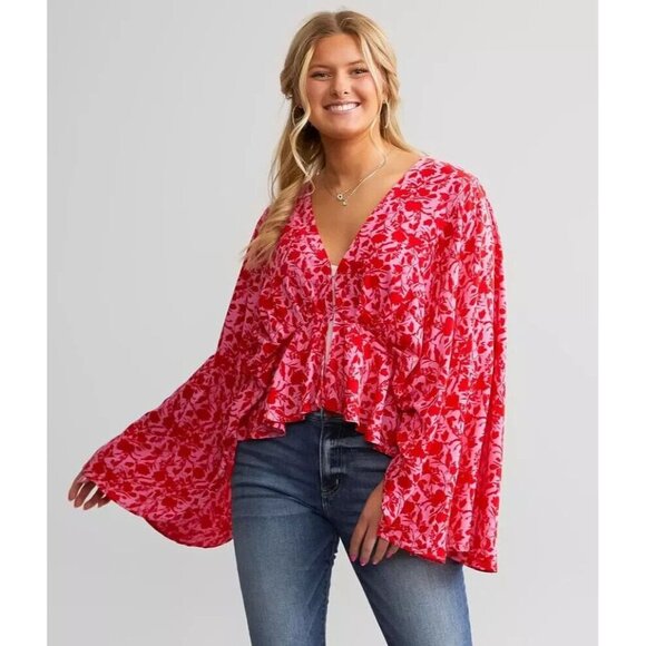 Band Of The Free Pink Red Pheasant XS/S Shirt Blouse Wing Floral Ruffle Boho Top - Picture 2 of 5